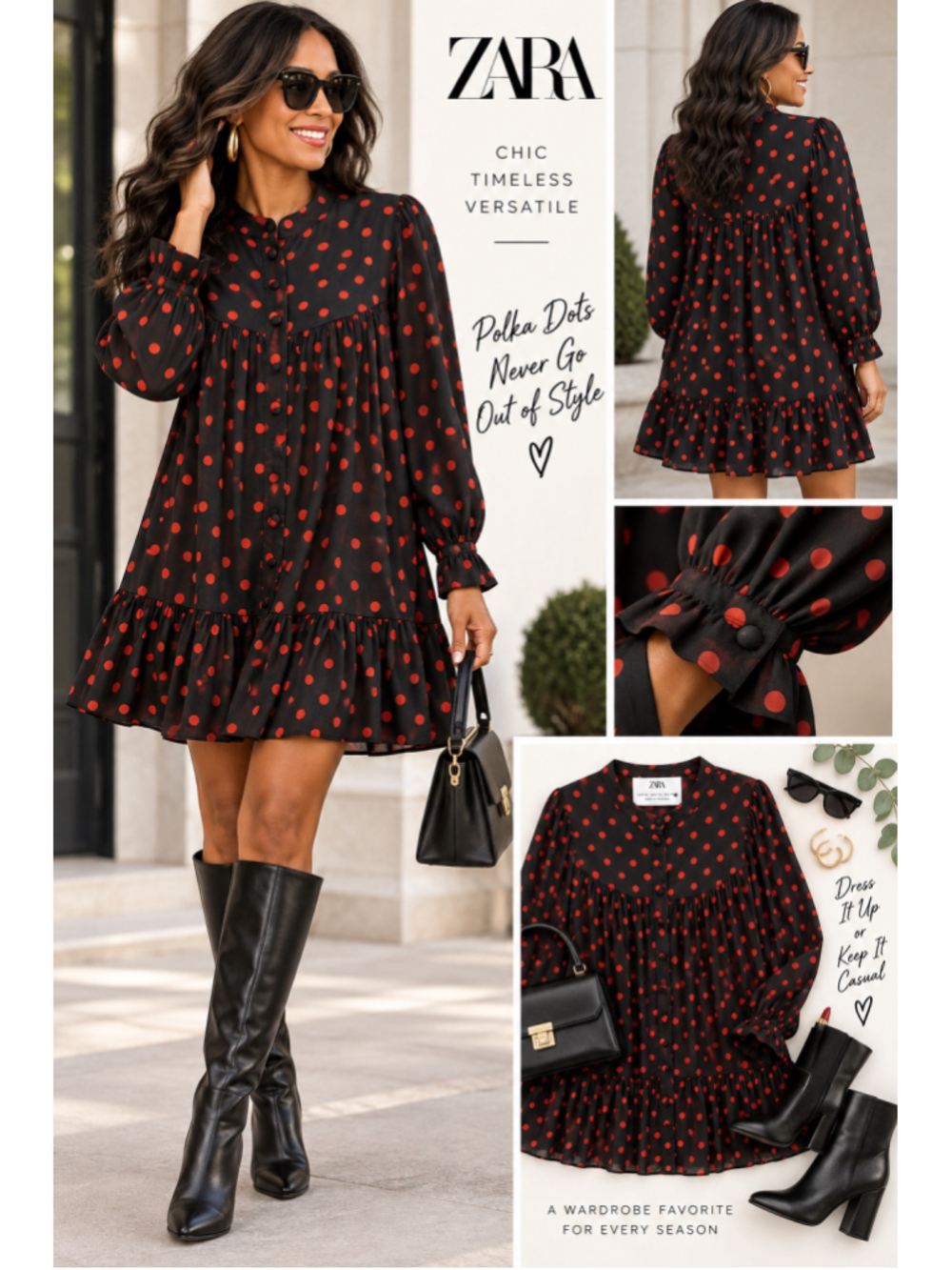 Zara Black Red Polka Dot Tiered Mini Dress XL Long Sleeve Button Front